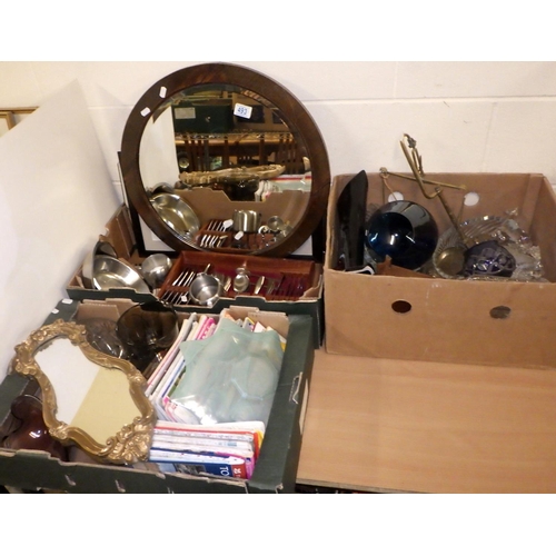 493 - Three boxes of misc to inc glass ware, mirrors etc