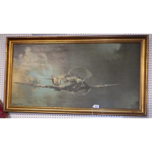 502 - A Barrie A.F. Clark overpainted spitfire print 110 x 60cm inc frame