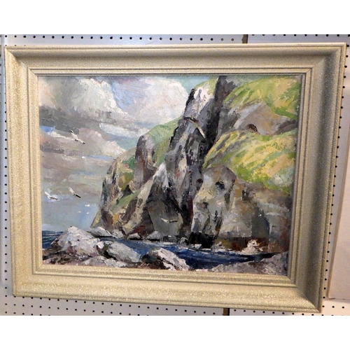153 - Little Orme, Llandudno, mid-century painting on board, Dr T V Tattersall, 1962.  49x 39cm within con... 