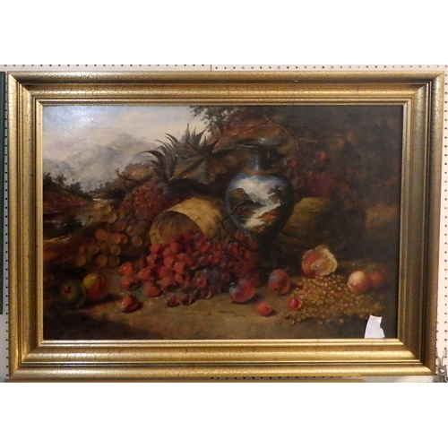 154 - Still life with fruit and a vase within a landscape setting, oil on canvas indistinctly signed.  A/F... 