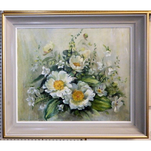 155 - Heather Craigmile: floral still life, painting on canvas, 60 x 49cm within frame
