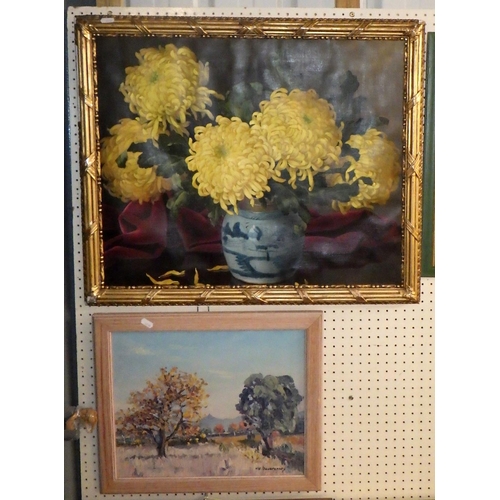 158 - Yellow chrysanthemums in a ginger jar, oil on canvas still life, a/f reduced and poorly re-stretched... 