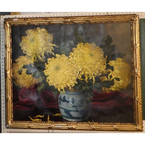 158 - Yellow chrysanthemums in a ginger jar, oil on canvas still life, a/f reduced and poorly re-stretched... 