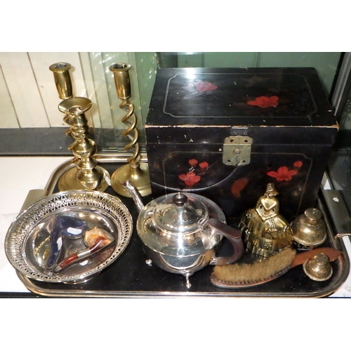 173 - A cased Meerschaum smokers' pipe; a lacquered table cabinet, a/f; metalwares incl silver plate.