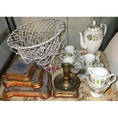 174 - Two wirework hanging baskets, mid-20th cent; four various pedestals; a Wedgwood part coffee set, etc