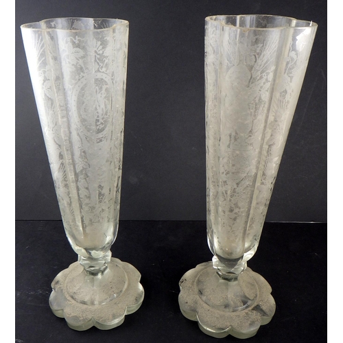 178 - A pair of etched glass vases having cut pedestal bases.  Slight a/f to rims.