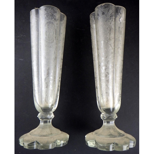178 - A pair of etched glass vases having cut pedestal bases.  Slight a/f to rims.