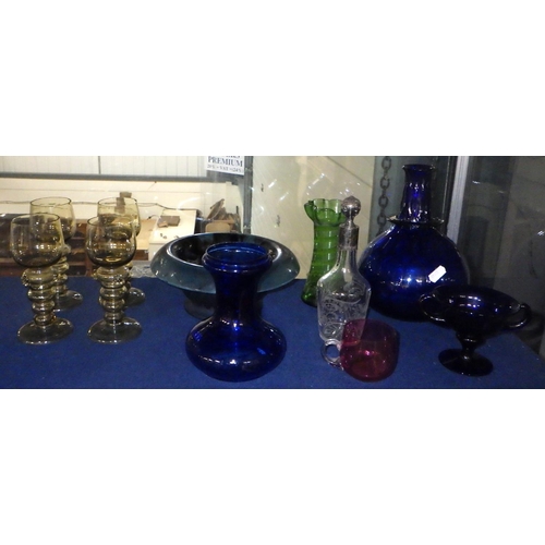 179 - A Bristol Blue two handled pedestal glass; other glass incl four continental rummers.  Most coloured... 