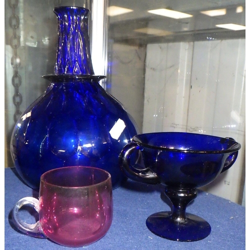 179 - A Bristol Blue two handled pedestal glass; other glass incl four continental rummers.  Most coloured... 