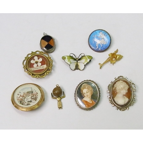 58 - A jewellery box and contents incl a watercolour miniature brooch in a white metal mount, a yellow me... 