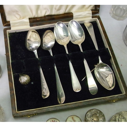 7 - Silver, white metal and silver plate incl Victorian and later napkins, silver topped glass dressing ... 