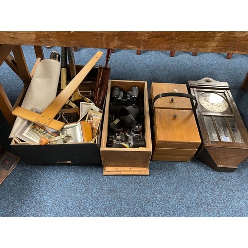 508 - A sewing box, clock, misc cameras, parasol etc (qty)