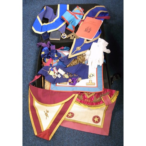 95 - A collection of Free Masonry regalia incl aprons and base metal jewels