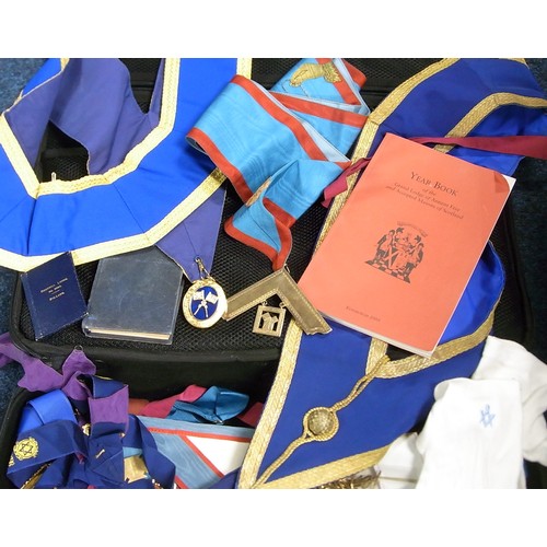 95 - A collection of Free Masonry regalia incl aprons and base metal jewels