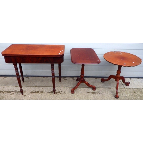 701 - A 19th cen mahogany tea table (a/f) and two reproduction tripod tables (3)