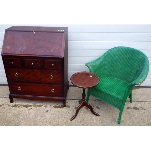 702 - A Stag Minstrel bureau, fall loose, a green painted Lloyd Loom tub chair and a reproduction wine tab... 