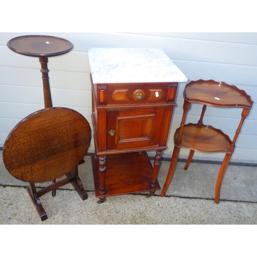 712 - A 19th cen French walnut, marble topped pot cupboard, together with a folding occasional table, plan... 