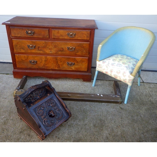 720 - A Victorian carved oak coal scuttle, flap split, walnut dressing chest, blue painted tub chair and a... 