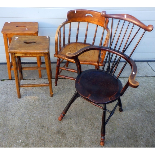 725 - A spindle back chair together with two lab stools and a desk chair (4)