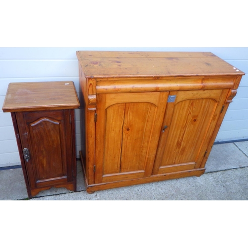 734 - A Victorian pine chiffonier base, doors split, 102cm wide a/f, together with a bedside cabinet (2)