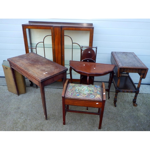 735 - A 1930's China cabinet, trolley, piano stool, cake stand, side table, tea table, Lloyd Loom linen ba... 