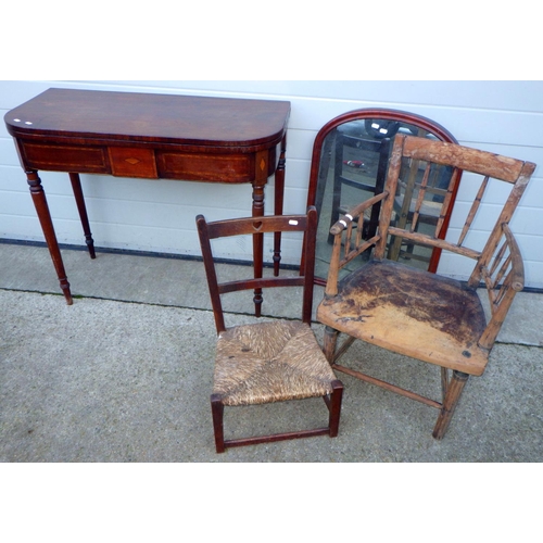 748 - A 19th cen mahogany tea table, two chairs and a mahogany framed mirror (4)