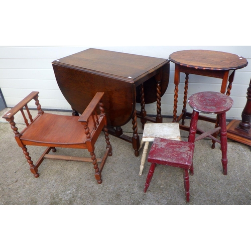 756 - A barleytwist gateleg table, occasional table, stool etc (7)