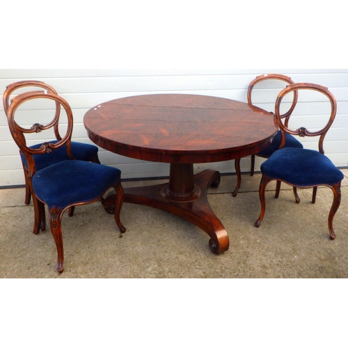 758 - A 19th cen rosewood breakfast table, 121cm across together with four faux rosewood salon chairs