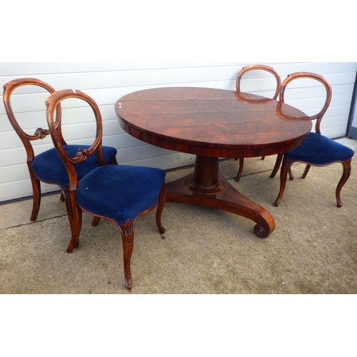 758 - A 19th cen rosewood breakfast table, 121cm across together with four faux rosewood salon chairs