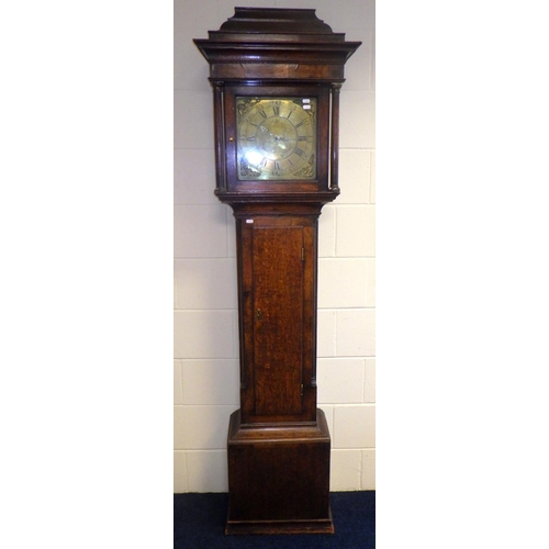 762 - A 30 hour oak longcase clock with brass face, signed John Steel, missing feather, 204cm tall