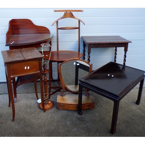 770 - A mahogany corner bowl stand, sewing table, toilet mirror, suit hanger, table lamp, coffee table and... 