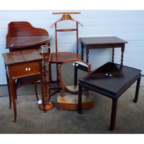 770 - A mahogany corner bowl stand, sewing table, toilet mirror, suit hanger, table lamp, coffee table and... 