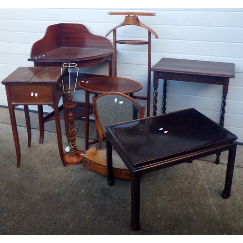 770 - A mahogany corner bowl stand, sewing table, toilet mirror, suit hanger, table lamp, coffee table and... 