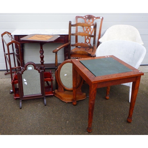 779 - A group lot, incl two Lloyd Loom tub chairs, two further chairs, two toilet mirrors, marble top tabl... 