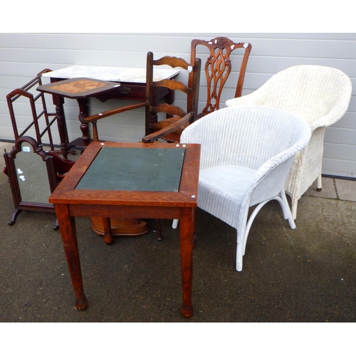 779 - A group lot, incl two Lloyd Loom tub chairs, two further chairs, two toilet mirrors, marble top tabl... 