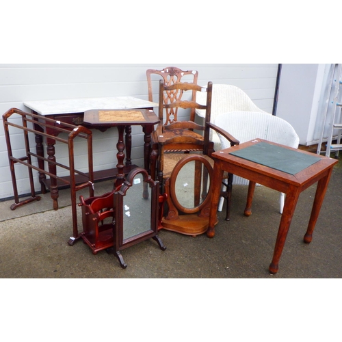 779 - A group lot, incl two Lloyd Loom tub chairs, two further chairs, two toilet mirrors, marble top tabl... 