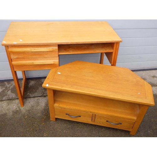 805 - A light oak t.v stand together with a light oak desk (2)