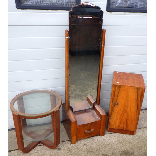 817 - A 1930's walnut  cheval mirror, occasional table and bedside cabinet (3)