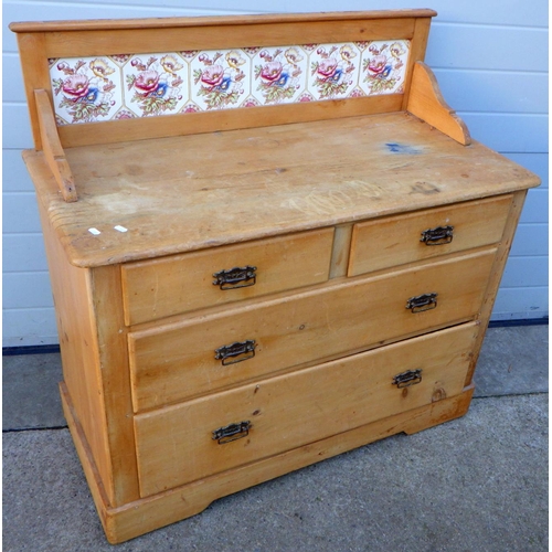 829 - A stripped pine chest with tile back, a/f