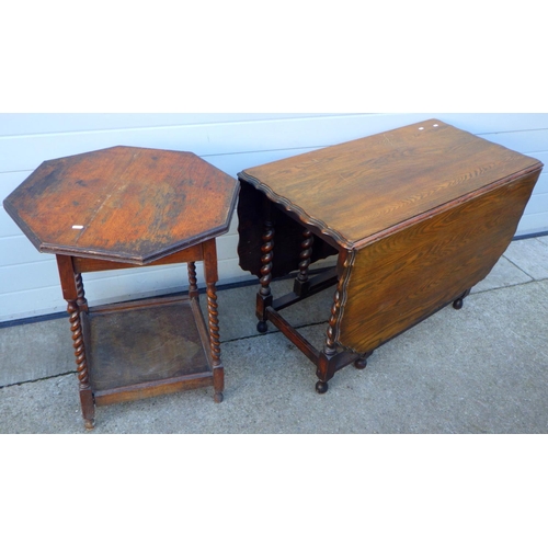 830 - A 1930's barleytwist oak gateleg table with wavy edge together with a barleytwist occasional table (... 