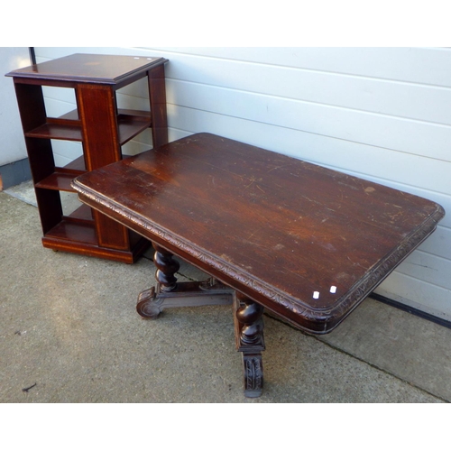 831 - A revolving bookcase, missing base together with a lowered oak table (2)