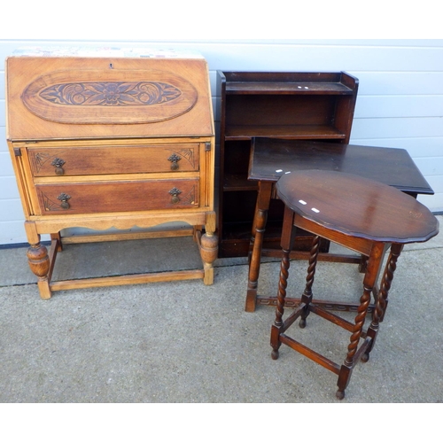 839 - A 1930's bureau with later papered top, two occasional tables and an open low bookcase (4)