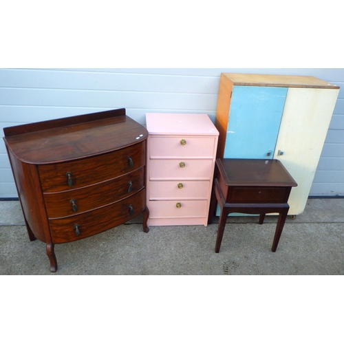 840 - A school cupboard, chest of drawers, Stag bedside table, missing handle and a pink painted chest of ... 