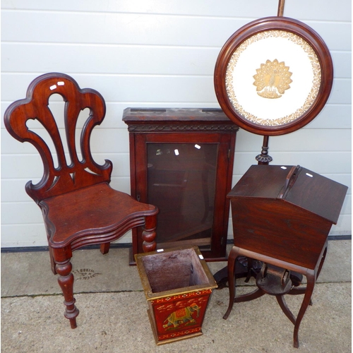 841 - A Victorian mahogany hall chair, pole screen, hanging cabinet, oak sewing box and an elephant painte... 