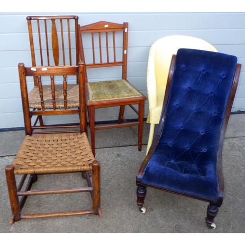 844 - A late Victorian nursing chair, rocking chair, tub chair etc (5)