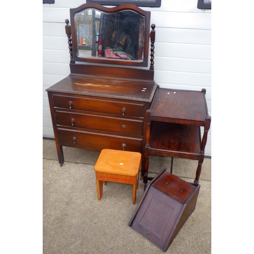 849 - A 1930's oak dressing chest, trolley, coal scuttle and a stool (4)