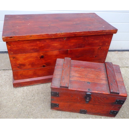 852 - A blanket box, 96cm wide and another smaller metal bound box (2)