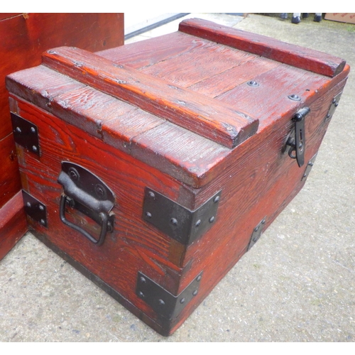 852 - A blanket box, 96cm wide and another smaller metal bound box (2)