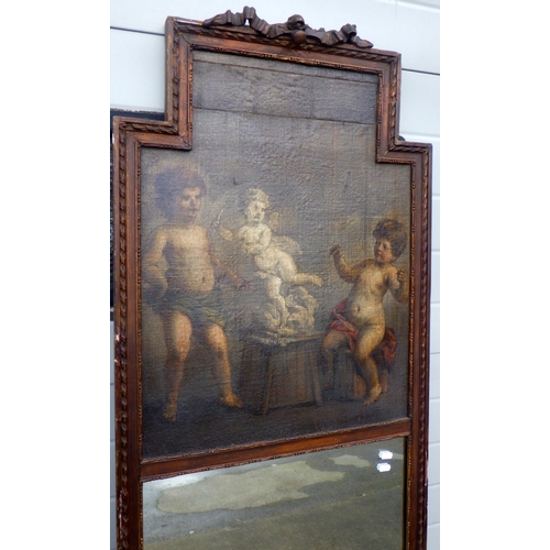 861 - A rectangular mirror with cherub painted panel above, 195cm tall, 60cm wide