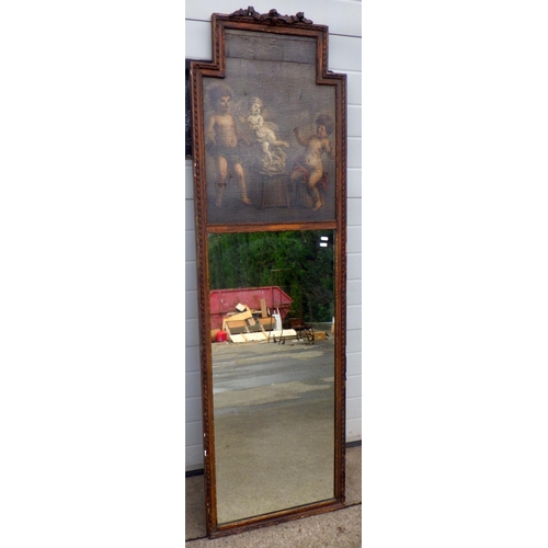 861 - A rectangular mirror with cherub painted panel above, 195cm tall, 60cm wide
